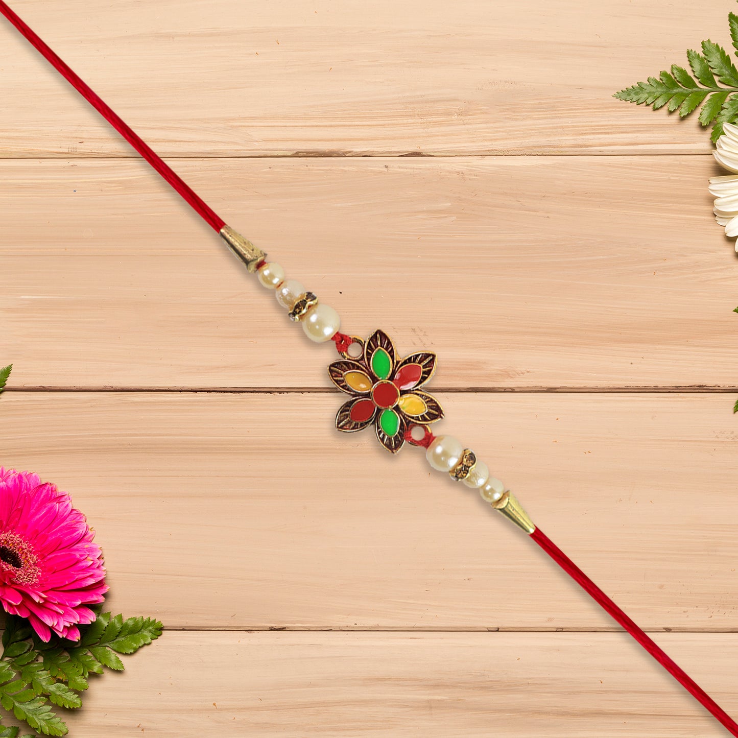 Multicolor Floral Rakhi With Pearl Beads And Red Thread Festive Designer Bracelet For Raksha Bandhan
