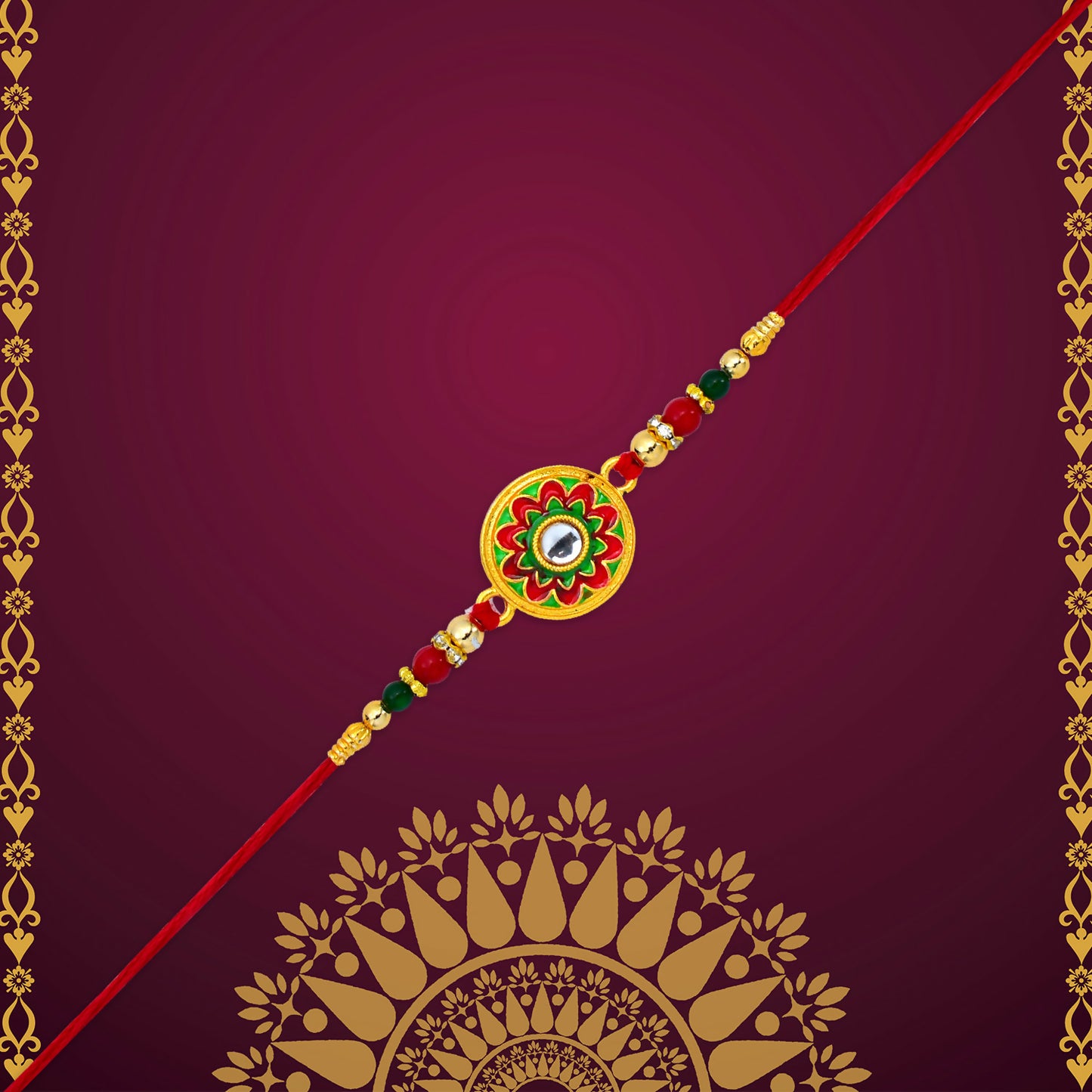 Elegant Thread Rakhi With Round Floral Center And Decorative Bead Work