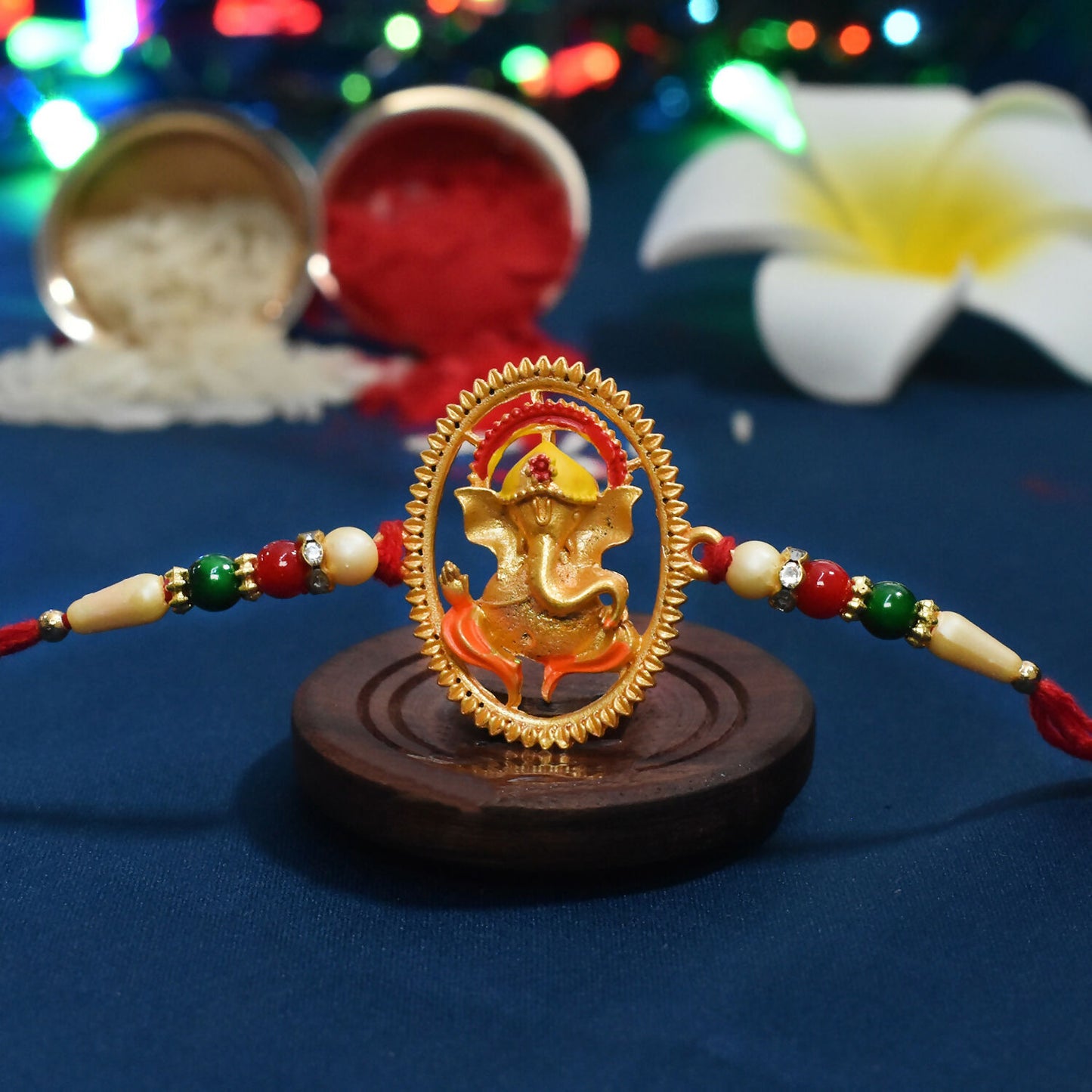 Lord Ganesha Rakhi With Golden Oval Medallion And Beaded Design Spiritual Raksha Bandhan Thread For Brother