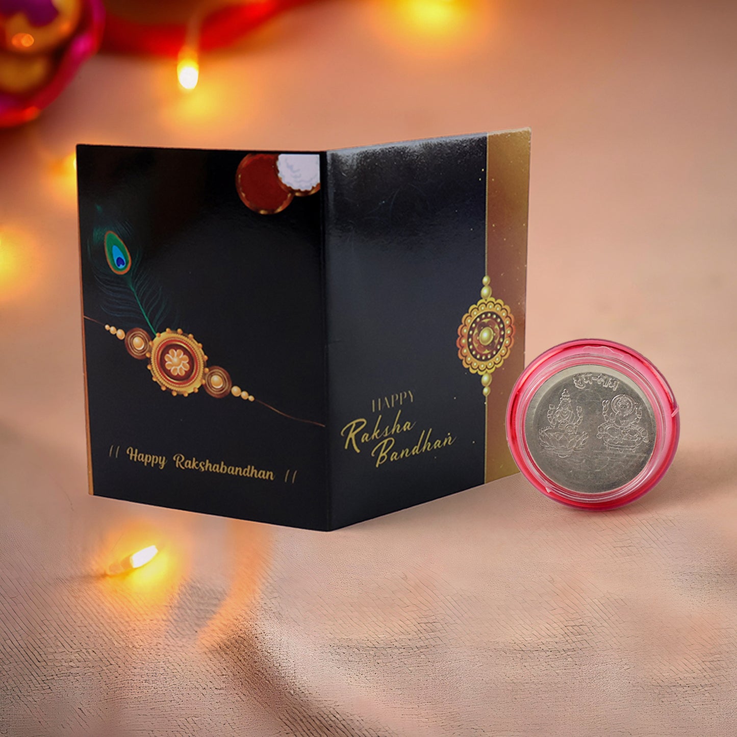 Raksha Bandhan Gift Set Roli Chawal With Greeting Card Silver-coated Coin