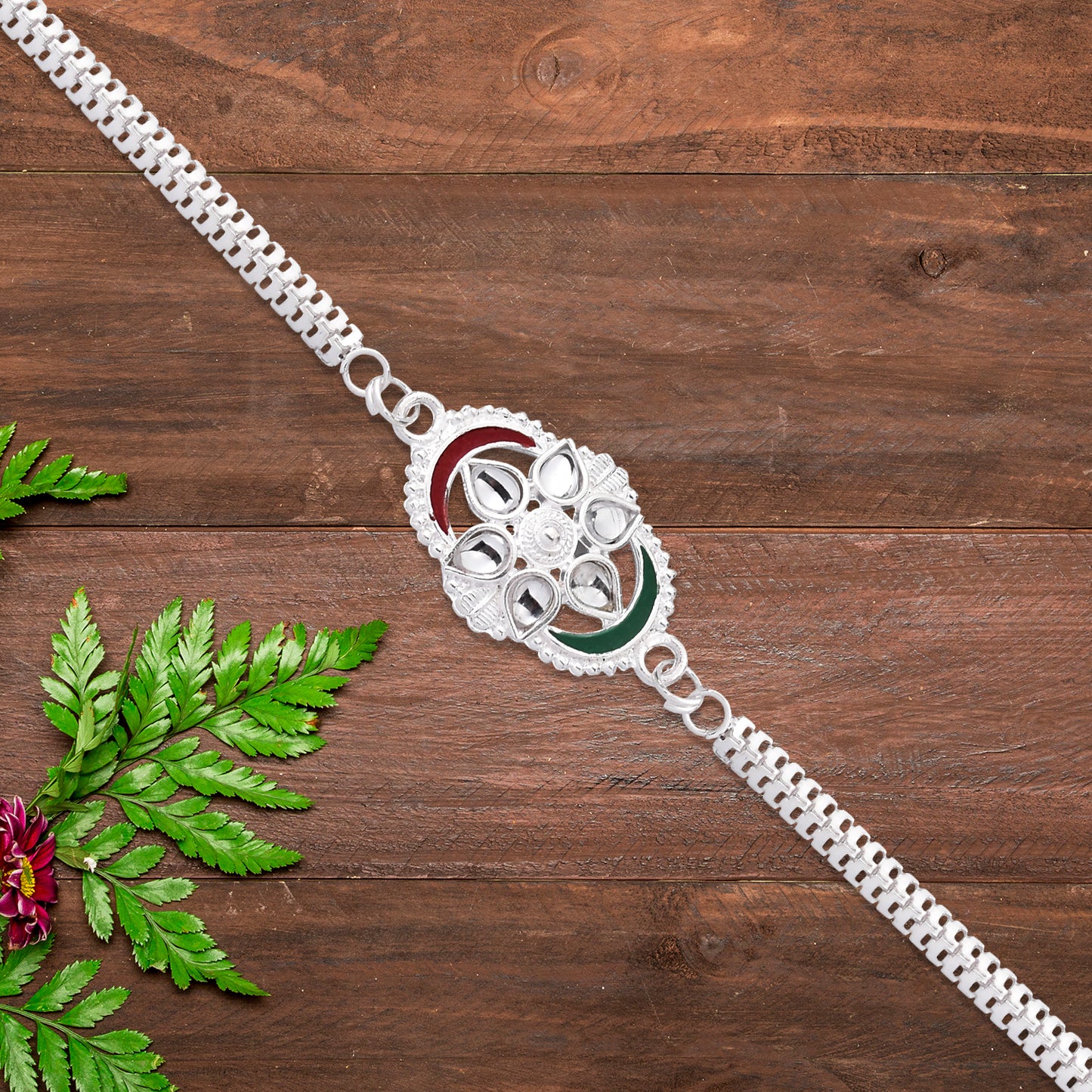 Stylish Silver Rakhi With Tricolor Accents And Intricate Chain Link Design