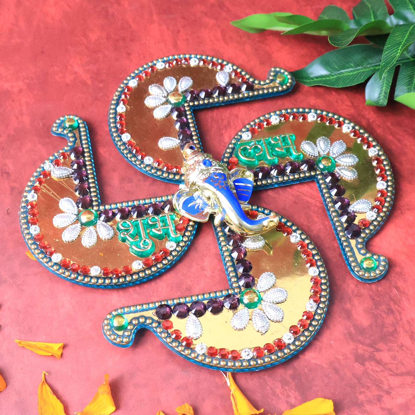 Golden Swastik Shubh Labh Wall Hanging With Ganesh Idol (1 Pc)