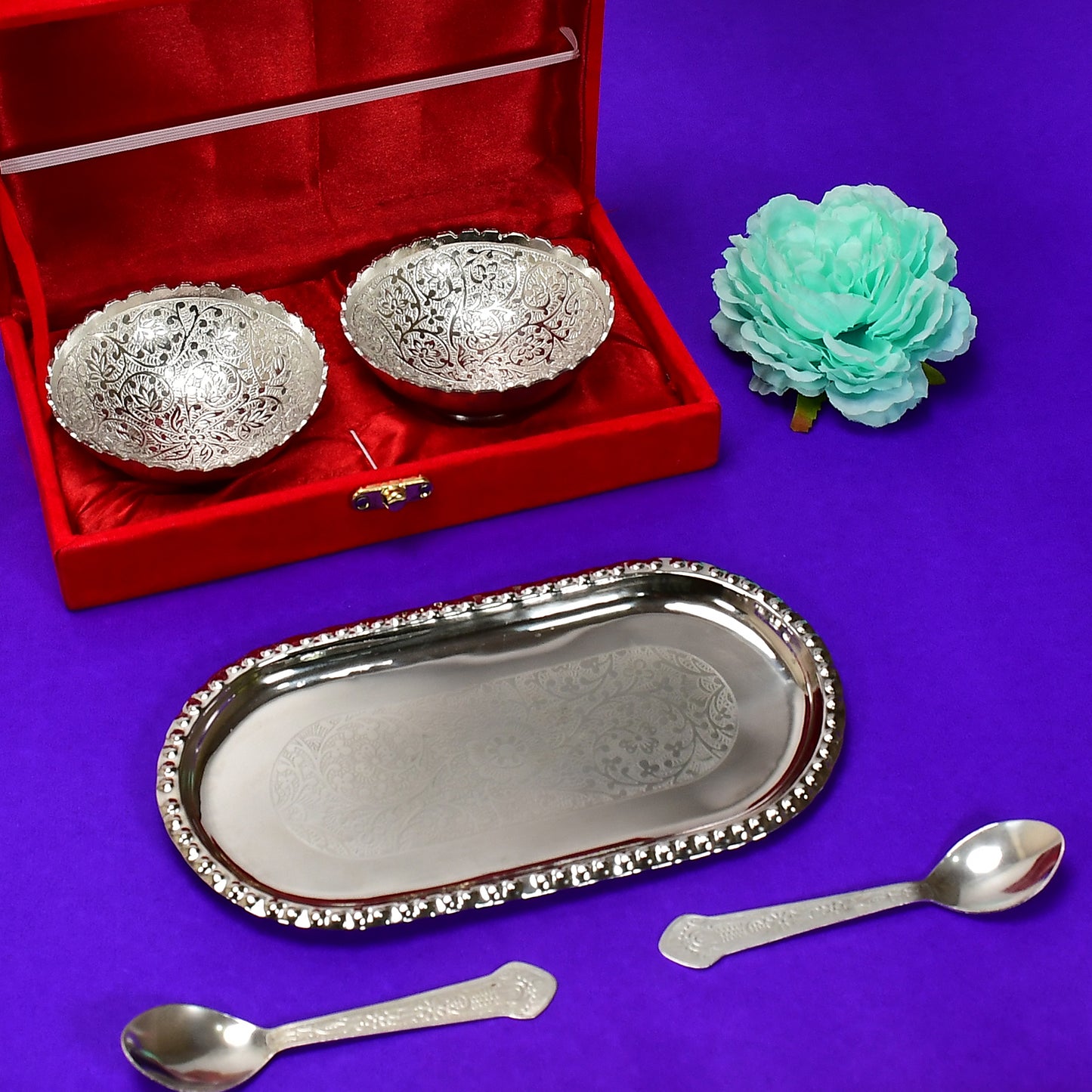 2947a Silver Plated 2 Bowl 2 Spoon Tray Set Brass With Red Velvet Gift Box Serving Dry Fruits Desserts Gift