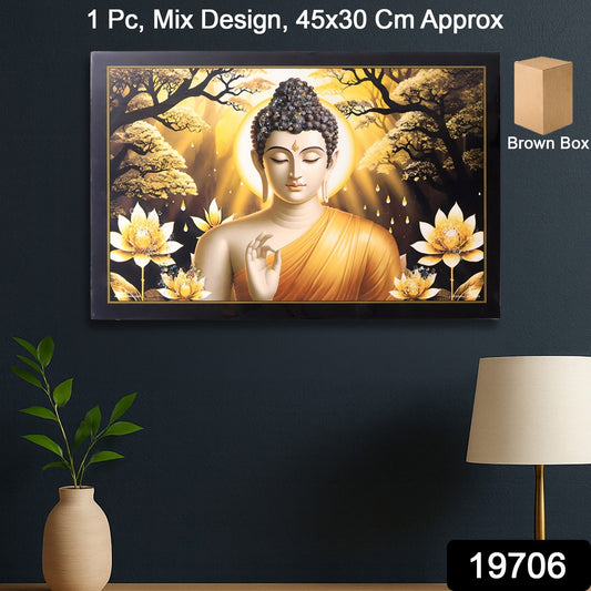 Decorative Lord Buddha Wall Painting With Wooden Frame Mix Design 45x30 Cm Approx (1 Pc)