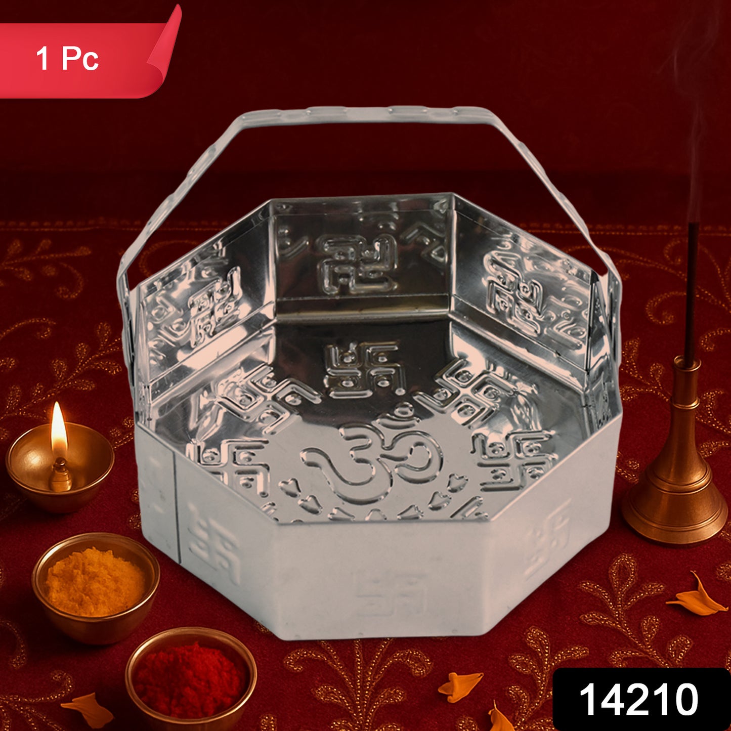 Traditional Stainless Steel Octagon Pooja Basket 1 Pc With Handle