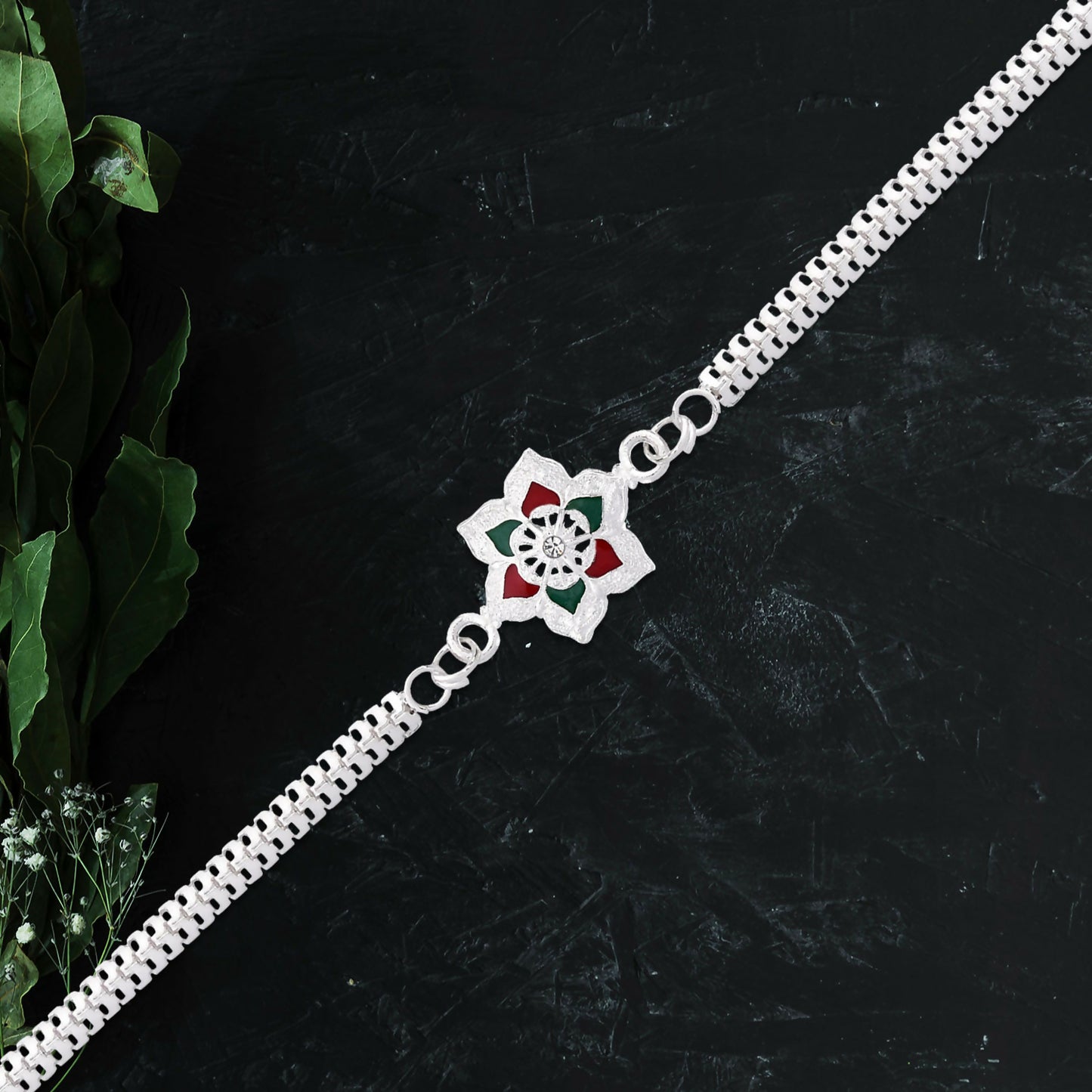 Silver Lotus Rakhi With Red-green Enamel  Chain Strap