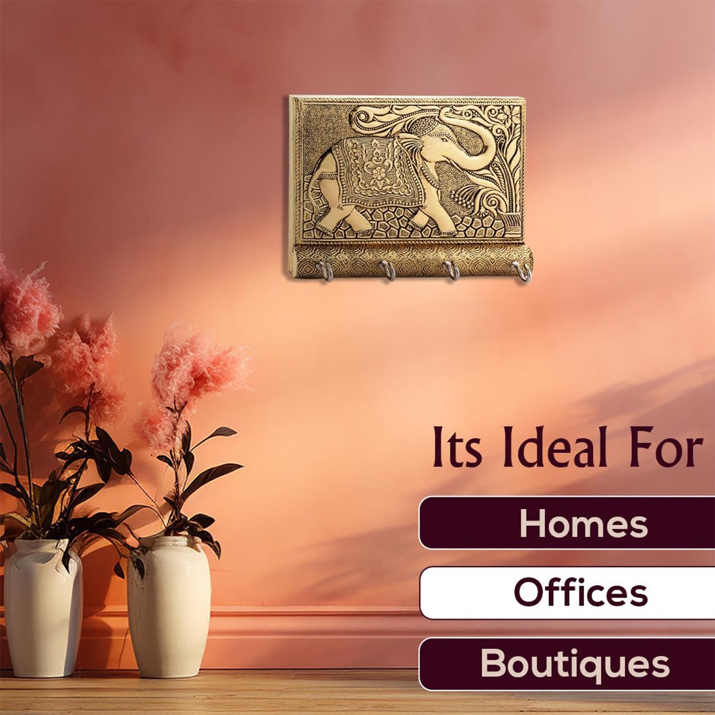 Wooden Key Holder For Home Decor Stylish Metal Gold Antique Elephant Design (1 Pc)