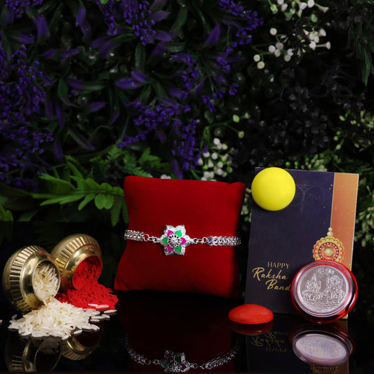 Rakhi For Brother  Silver Color Coin  Greeting Card With Colorful Fridge Magnets 2 Pc  Rakhi For Bhai Bhabhi  Kids  Combo Gift Pack For Raksha Bandhan Festival (K1_a31_4676(Q2)_y25)