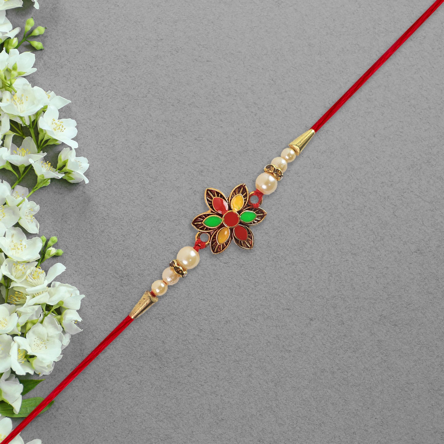 Multicolor Floral Rakhi With Pearl Beads And Red Thread  Festive Designer Bracelet For Raksha Bandhan