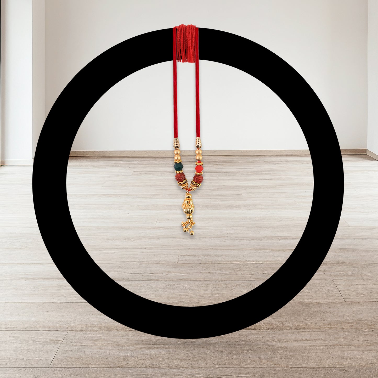 Bhabhi Lumba Rakhi With Multicolor Beads And Hanging Chain Charm On Red Thread