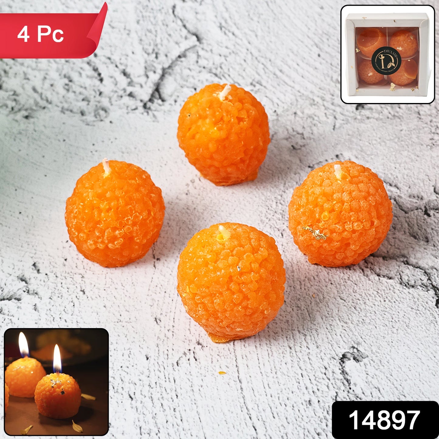 Laddu Shaped Decorative Wax Candles (4 Pc  Set)