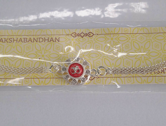 Silver Plated Om Rakhi With Red Enamel And Chain Thread Design