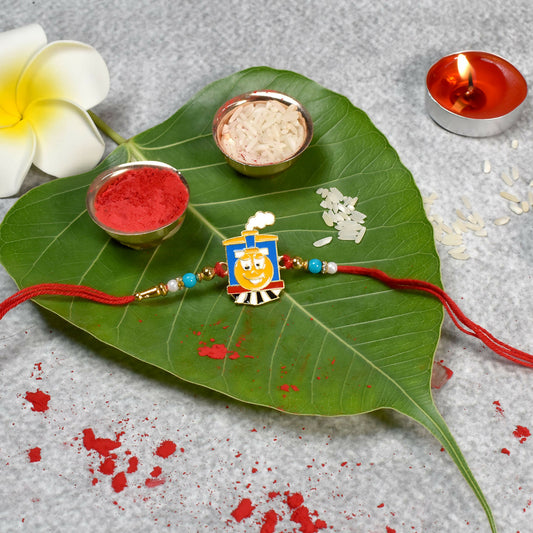 Cheerful Train Cartoon Kids Rakhi With Colorful Beads And Red Thread