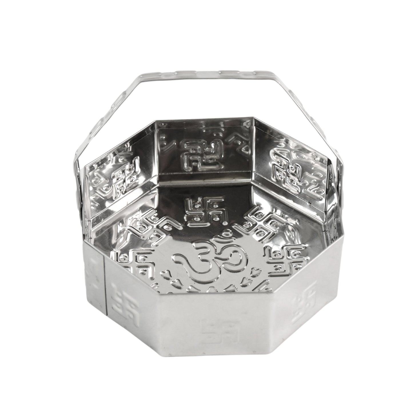 Traditional Stainless Steel Octagon Pooja Basket 1 Pc With Handle