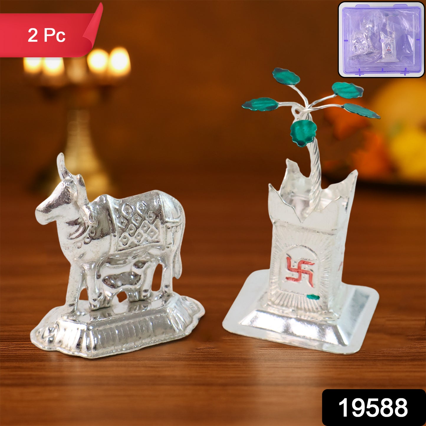 Silver-plated Kamdhenu Cow  Tulsi Plant Pair  Pooja  Home Dcor