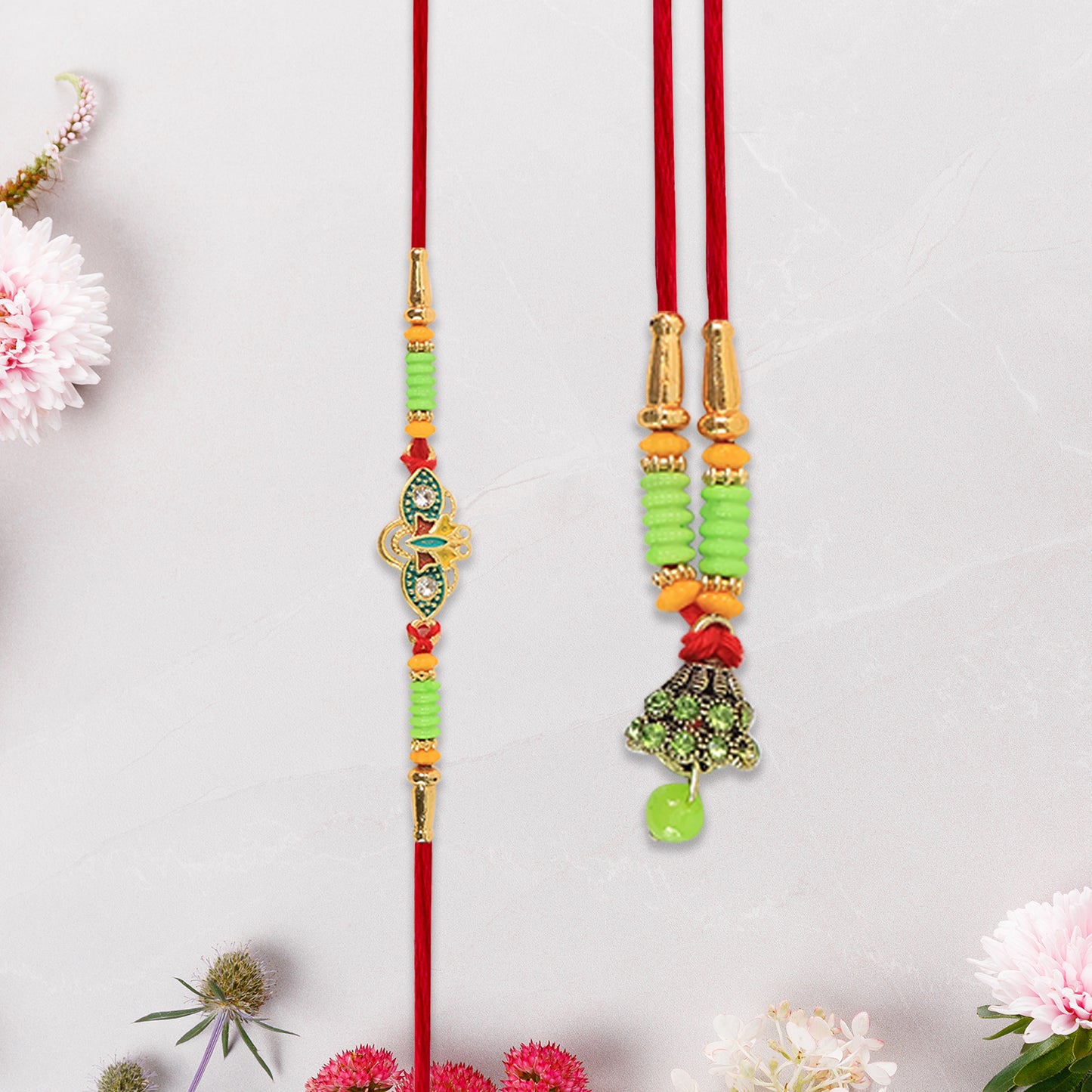 Traditional Bhabhi Lumba Rakhi With Beaded Design And Floral Centerpiece Hanging Style