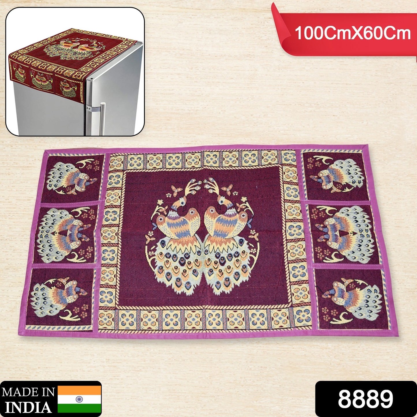 8889 Cotton Fridge Top Cover Set - Standard Appliance Covers Fridge Dustproof Cover With Peacock Deign 6 Utility Side Pockets Fridge Cover For All Types Fridge Refrigerator Use (100x60cm)