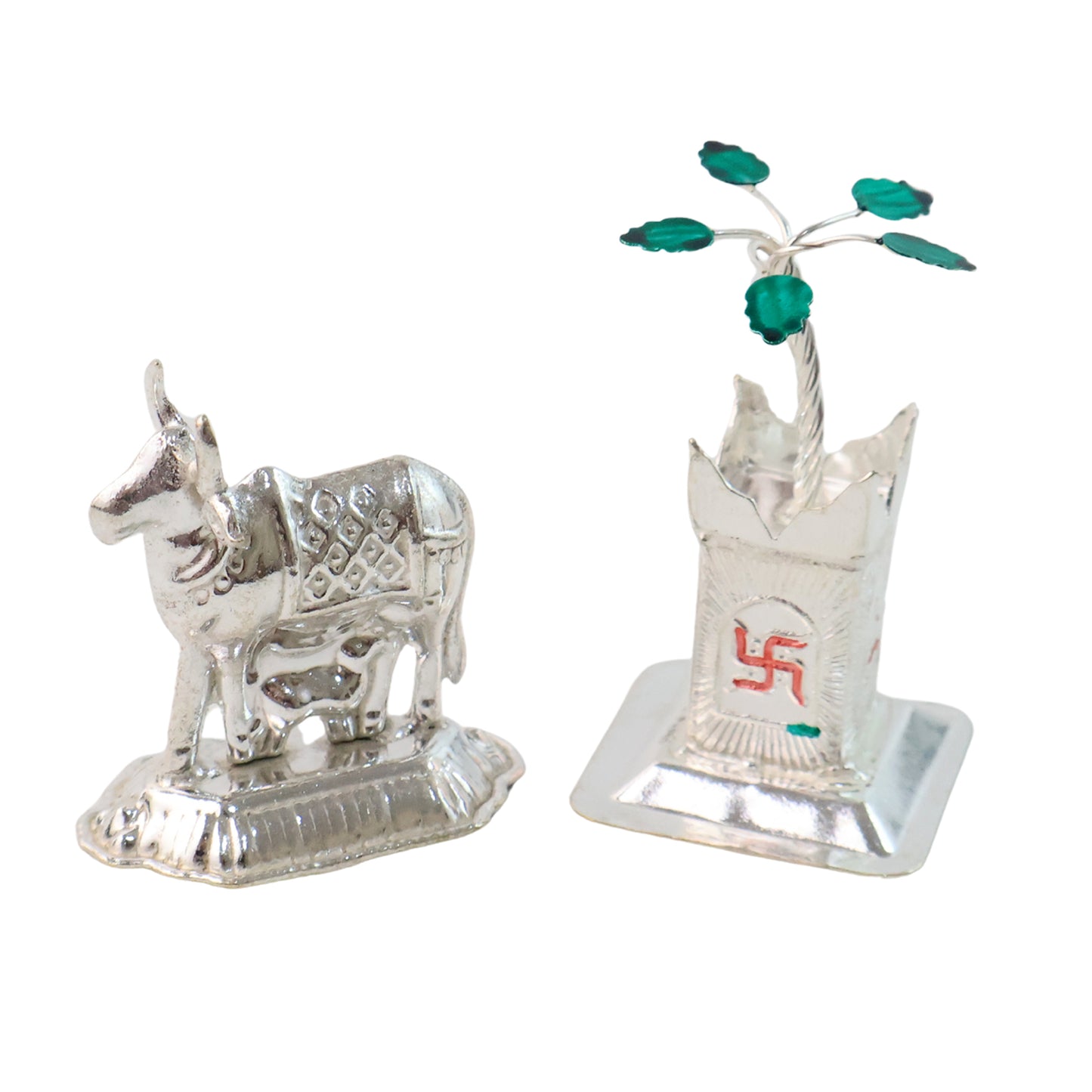 Silver-plated Kamdhenu Cow  Tulsi Plant Pair  Pooja  Home Dcor