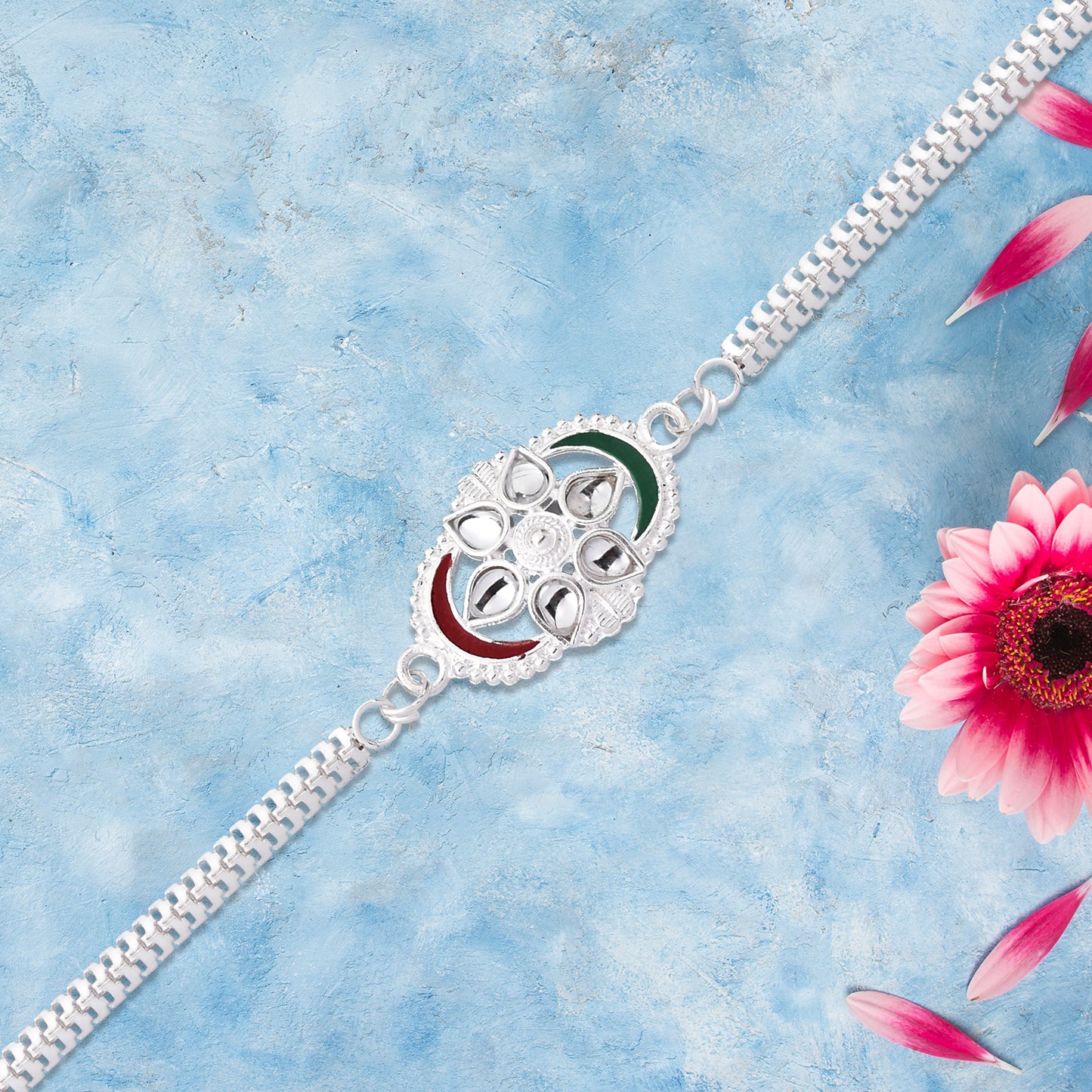 Stylish Silver Rakhi With Tricolor Accents And Intricate Chain Link Design