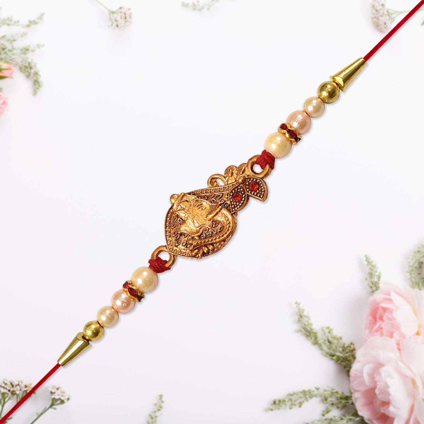 Graceful Golden Peacock Rakhi With Pearl Beads And Red Thread  Traditional Raksha Bandhan Bracelet For Brother