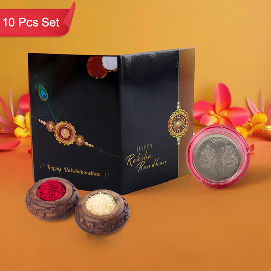 Raksha Bandhan Gift Set  Roli Chawal With Greeting Card  Silver-coated Coin
