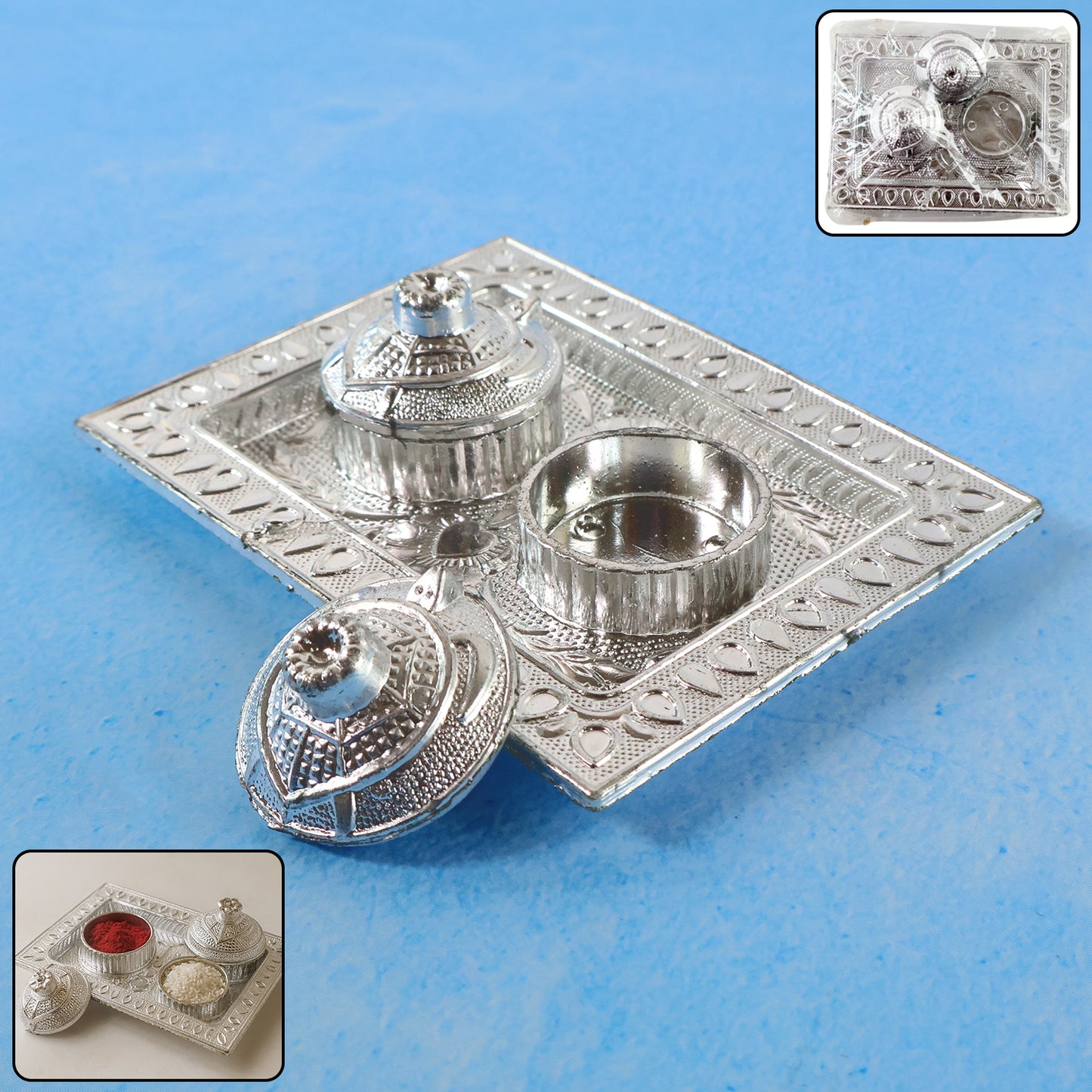 Silver-finish Pooja Kumkum Box Tray - (1 Pc)