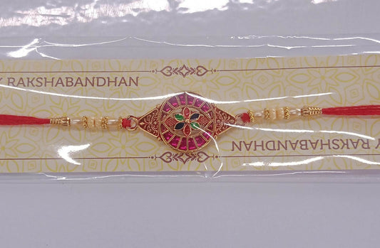 Traditional Rakhi With Round Floral Meenakari Dial And Pink Stone Embellishments