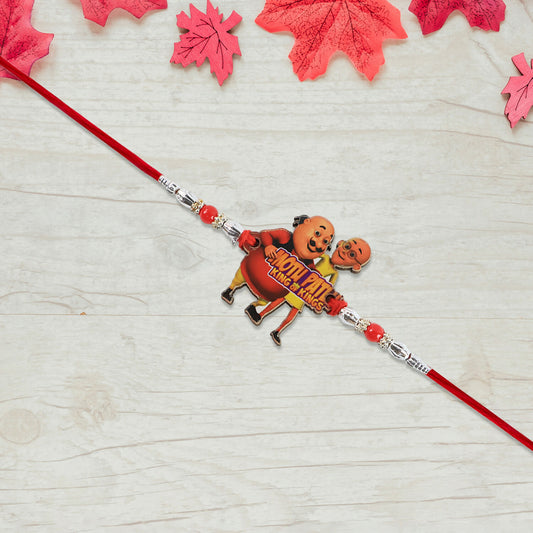 Motu Patlu Cartoon Kids Rakhi  King Of Kings Design With Red Thread And Silver Beads
