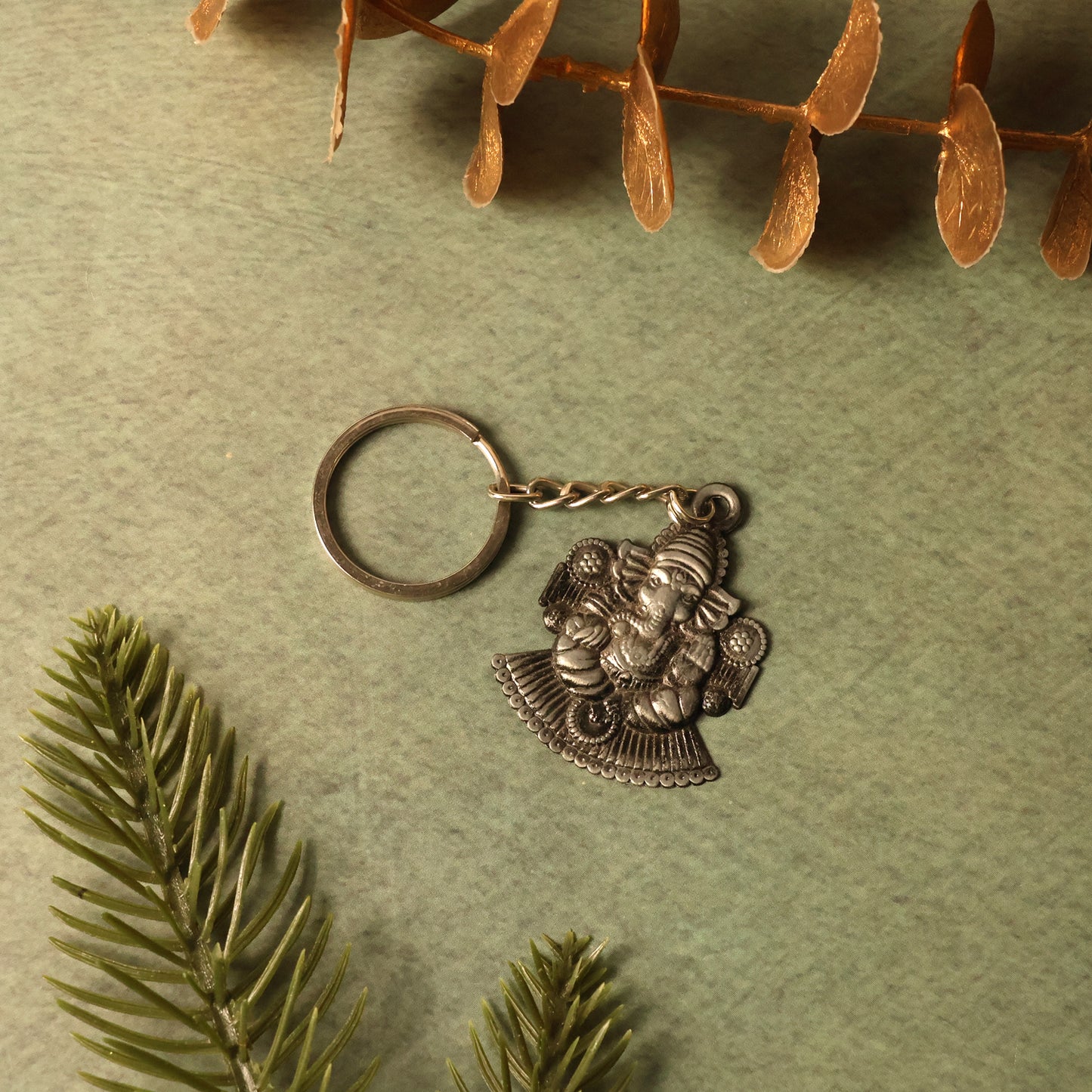 Lord Ganesha Sitting Design Silver Keychain (1 Pc)