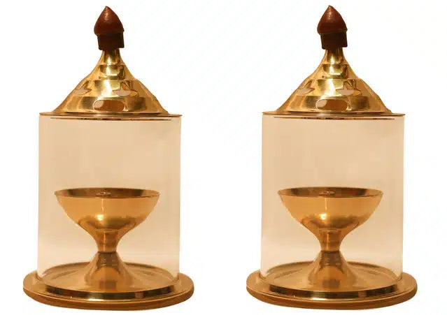 Brass Oil Puja Lamp (Pack of 2) (Gold, 5 inches)
