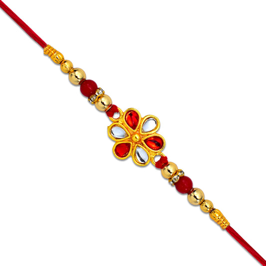 Elegant Red  White Beaded Rakhi With Teardrop Kundan Floral Centerpiece