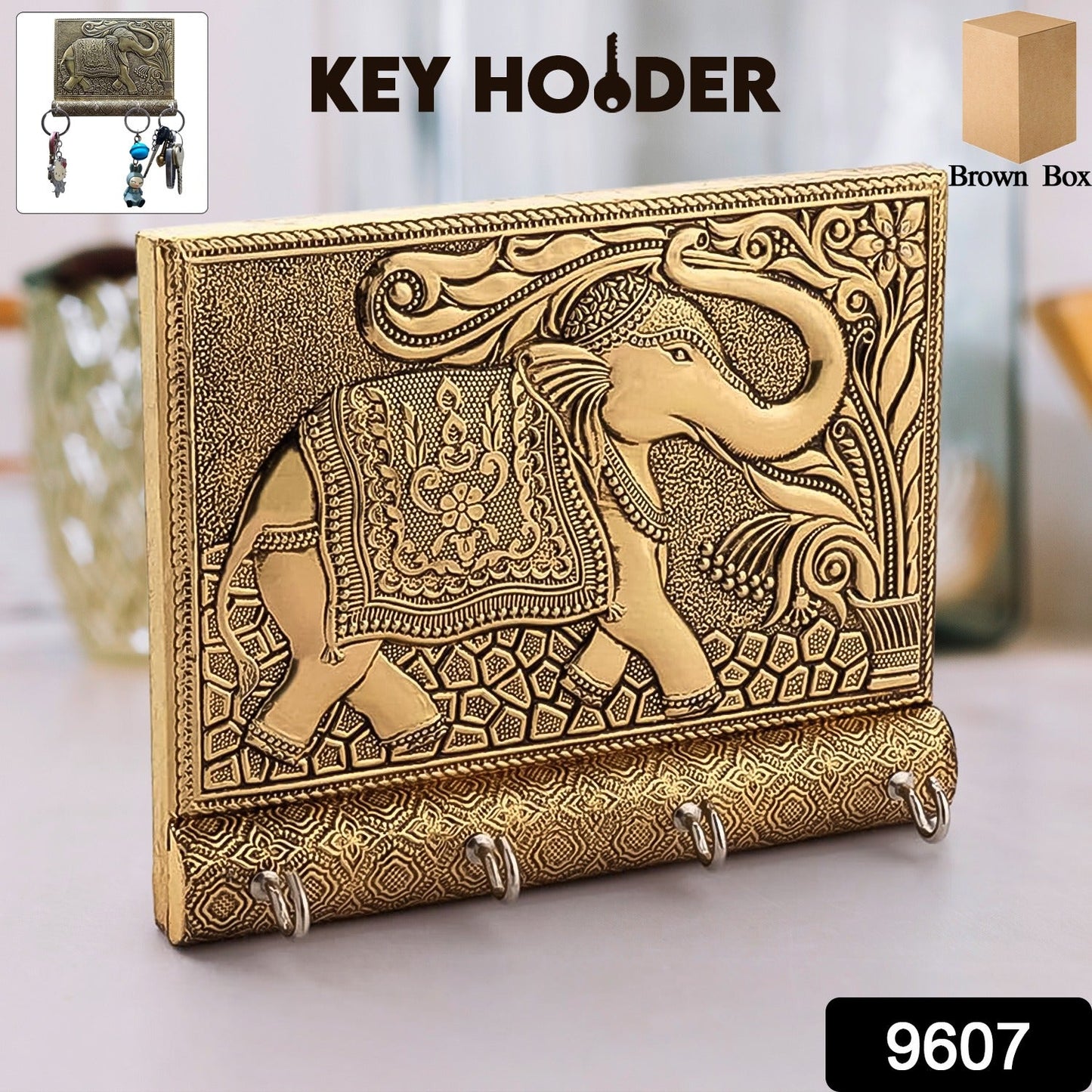 Wooden Key Holder For Home Decor Stylish Metal Gold Antique Elephant Design (1 Pc)