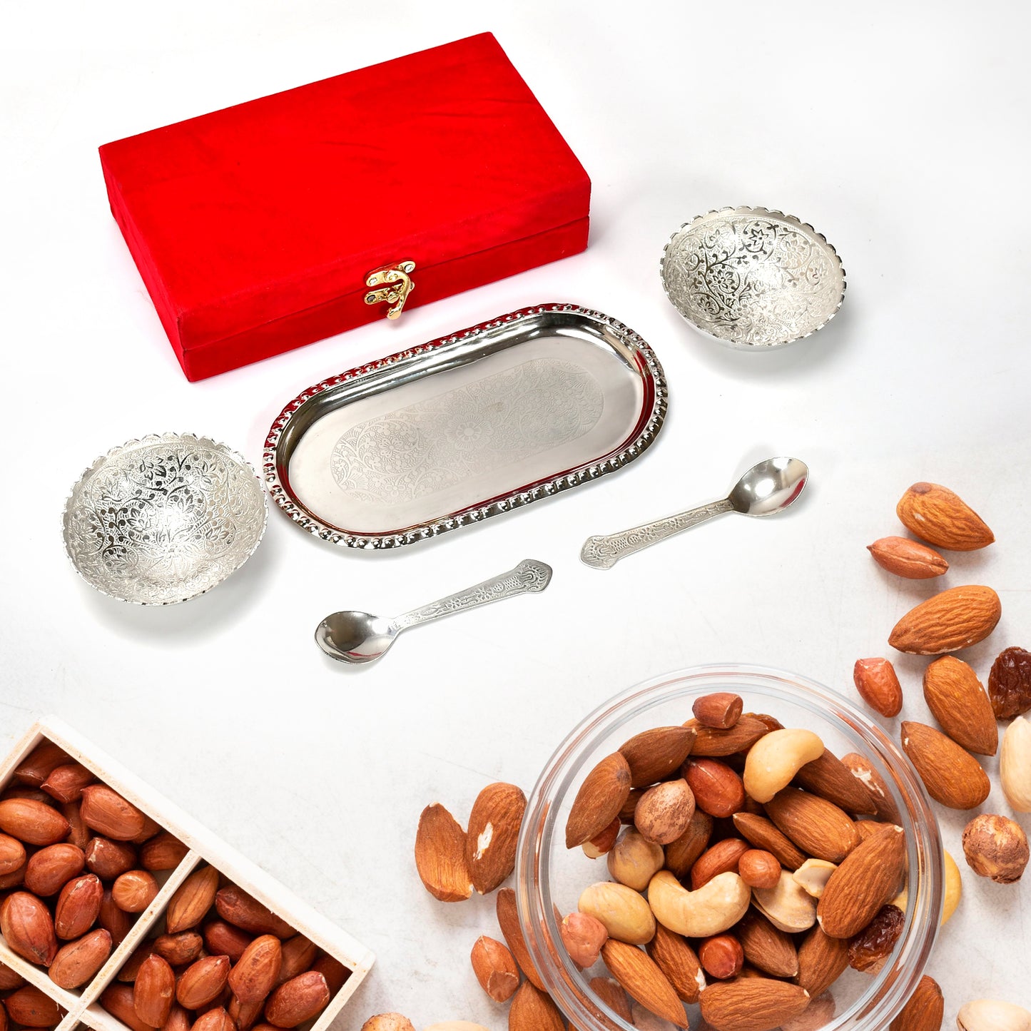 2947a Silver Plated 2 Bowl 2 Spoon Tray Set Brass With Red Velvet Gift Box Serving Dry Fruits Desserts Gift