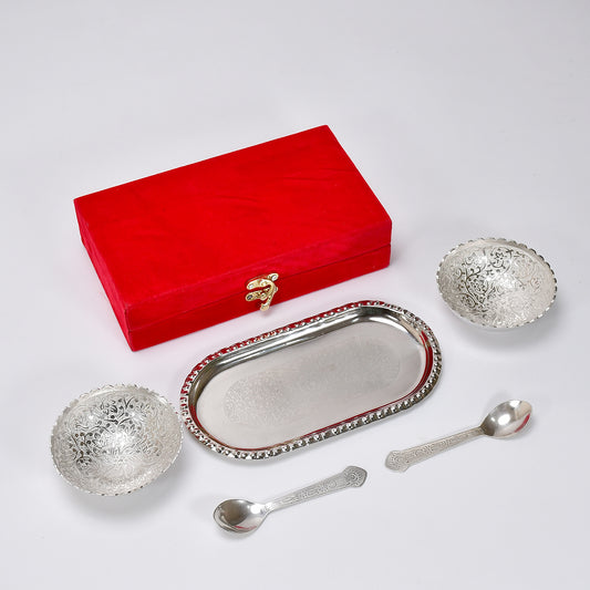 2947a Silver Plated 2 Bowl 2 Spoon Tray Set Brass With Red Velvet Gift Box Serving Dry Fruits Desserts Gift
