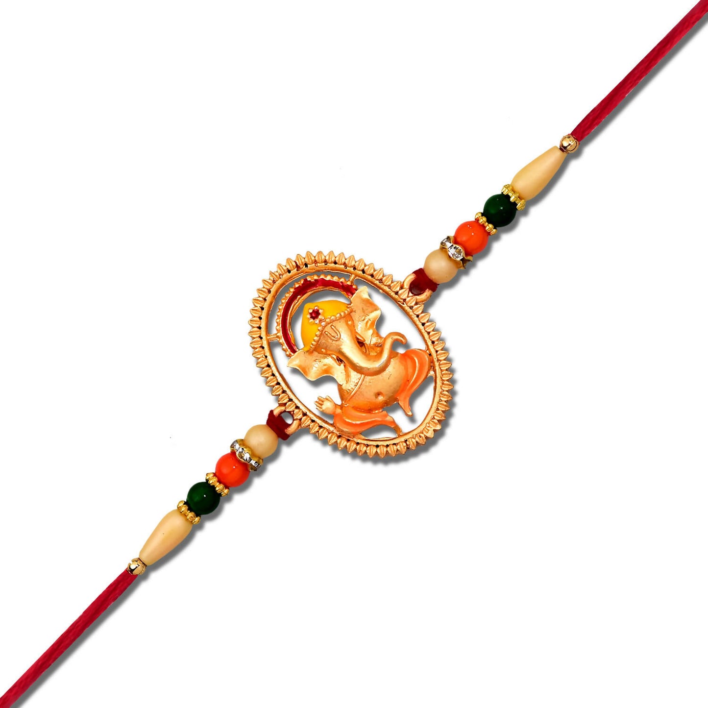 Lord Ganesha Rakhi With Golden Oval Medallion And Beaded Design  Spiritual Raksha Bandhan Thread For Brother