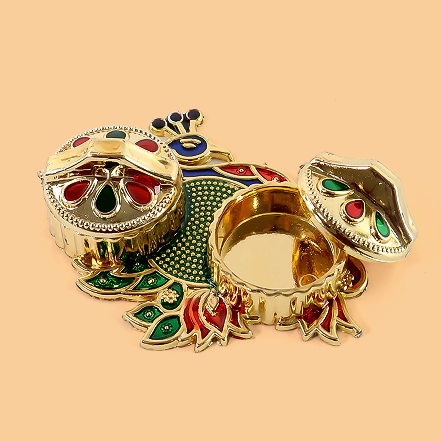 Peacock Design Metal Kumkum  Rolichawal Box - (1 Pc)