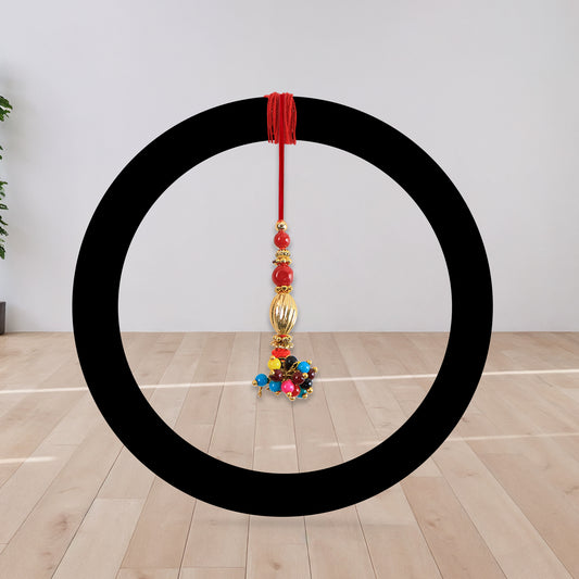 Bhabhi Lumba Rakhi With Multicolor Beads And Golden Floral Charm On Red Thread