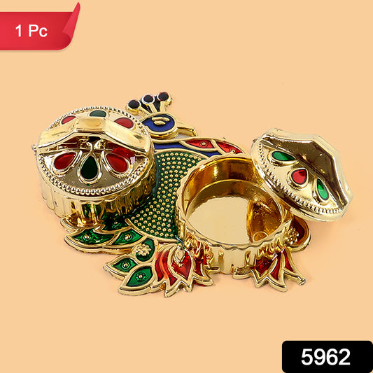 Peacock Design Metal Kumkum  Rolichawal Box - (1 Pc)